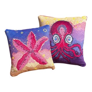 Velvet "Octi & Starry" Beachy Companion Pillows, Custom, Original For Sale