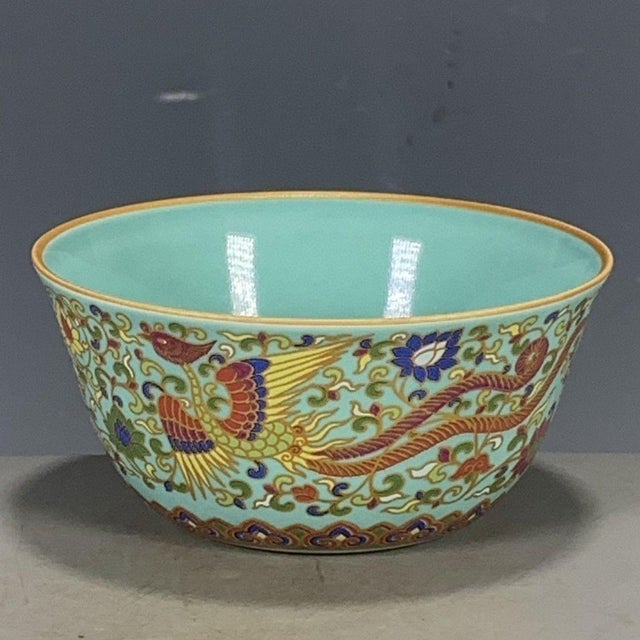 Turquoise Vintage Chinese Porcelain Bowl, Turquoise Ground Gilded Phoenix Motif Bowl For Sale - Image 8 of 9