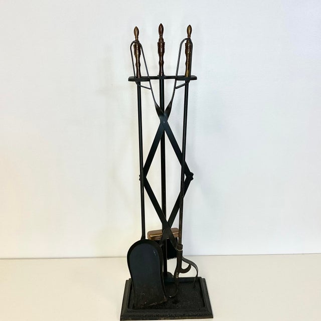 1970s Mid-Century Wrought Iron With Bronze Handle Fireplace Tools & Rack - 5 PCS Set For Sale - Image 4 of 14