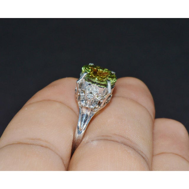 Metal Late 20th Century Certified Natural 3.74cts vs Diamond Peridot Solid Platinum Dinner Cocktail Ring, Size 9 For Sale - Image 7 of 12
