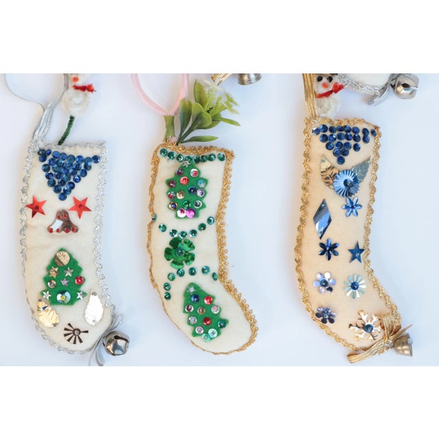 Mid-Century Modern Mid-Century Felt Christmas Stocking Ornaments - Set of 6 For Sale - Image 3 of 6