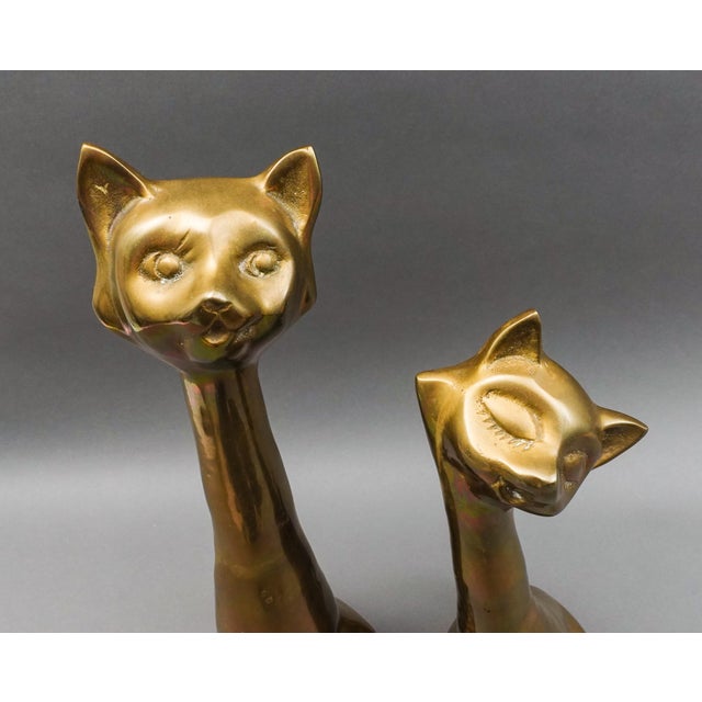 Mid 20th Century Vintage Mid Century Modern Stylized Siamese Cats Brass Figurine Sculpture Pair For Sale - Image 5 of 9