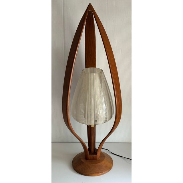 Very rare danish teak 36 inch tall lamp, width, glass, shade and diffuser made in West Germany. Please note crack and...