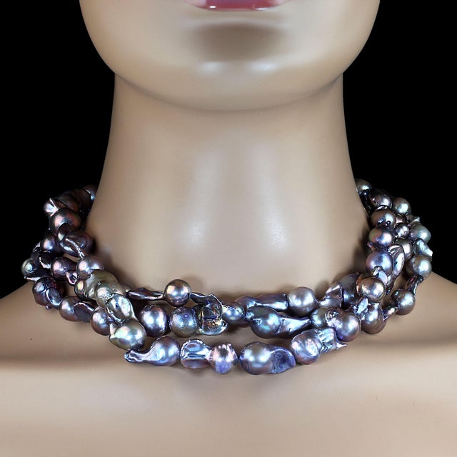 Ajd 18 Inch Three Strand Peacock Color Keshi Pearl Necklace For Sale - Image 4 of 5