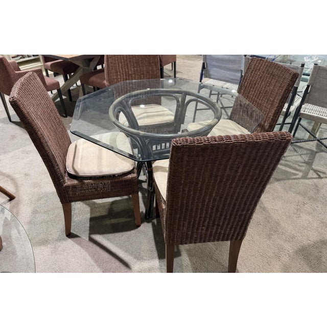 Hollywood Regency Glass Top Table With Four Rattan Chairs For Sale - Image 3 of 9