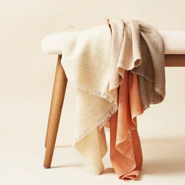 Contemporary Studio Variously Textured & Handwoven Soft Merino Cream Color Block Chestnut Throw For Sale - Image 3 of 12