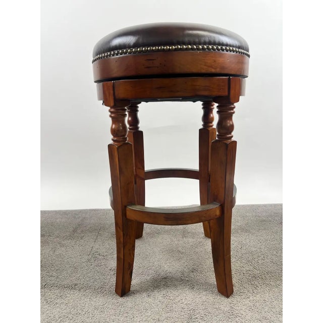 Brown Vintage Traditional Style Frontgate Studded Leather Swivel Stool, a Set of 3 For Sale - Image 8 of 16