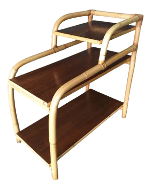 Restored Vintage Rattan Side Lamp Table With Three-Tier Mahogany Tops