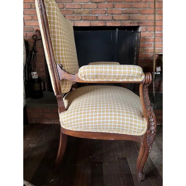 French Antique French Louis XV–Style Bergère Chair, Yellow Gingham Upholstery For Sale - Image 3 of 8