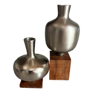 Roost Metal Bud Vases on Wood Bases, Set of 2 For Sale