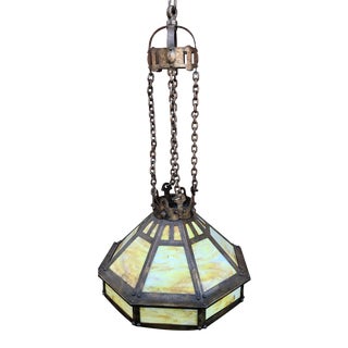 1910 Arts and Crafts Slag Glass Octagonal Chandelier in Hammered Iron For Sale