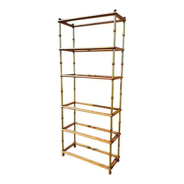Vintage Faux Bamboo Étagère Bookcase – Hollywood Regency Chinoiserie Glass & Wood Display Shelving For Sale