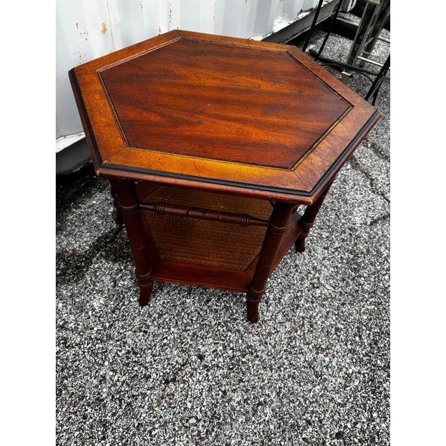 Late 20th Century Late 20th Century Walnut and Faux Bamboo Boho Chic Side Table With Cane Shelf For Sale - Image 5 of 5