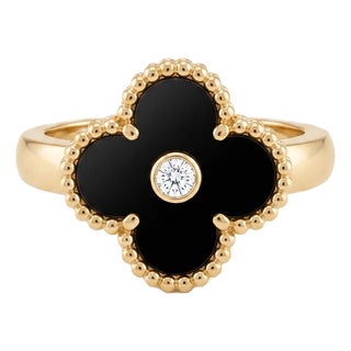 Van Cleef & Arpels 18k Yellow Gold Onyx Clover Motif and Diamond Ring, Size 4.5 For Sale