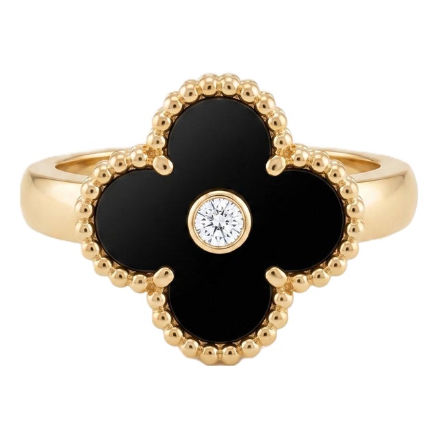 Van Cleef & Arpels 18k Yellow Gold Onyx Clover Motif and Diamond Ring, Size 4.5 For Sale