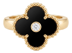 Van Cleef & Arpels 18k Yellow Gold Onyx Clover Motif and Diamond Ring, Size 4.5