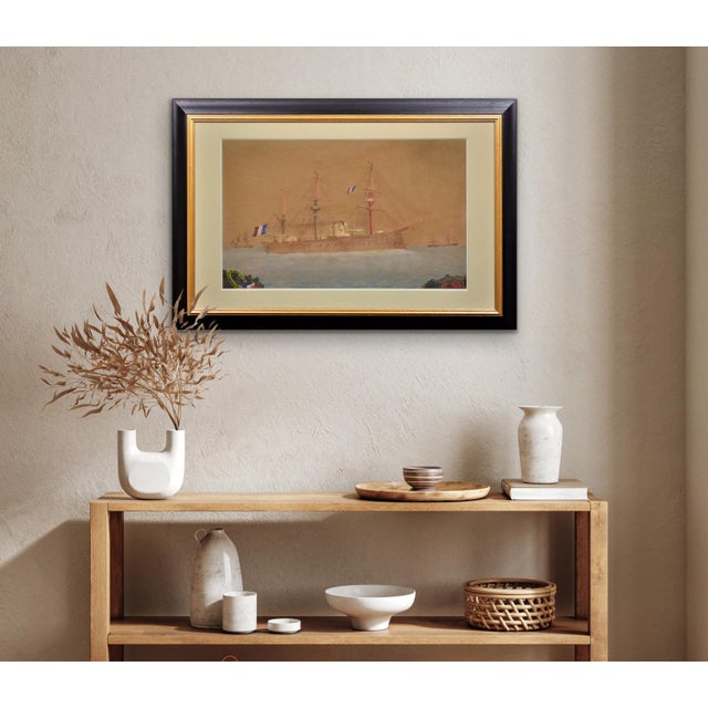 French Navy Ironclad Warship, Early 20th Century, Gouache & Watercolor on Paper For Sale - Image 16 of 18