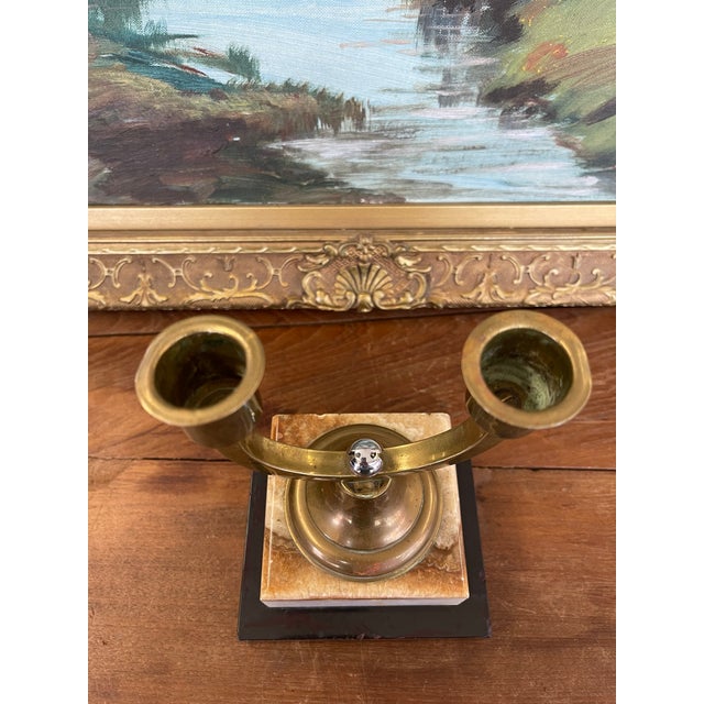 Vintage Brass Toned Double-Arm Candle Holder on Possibly Marble and Onyx Base For Sale - Image 10 of 10
