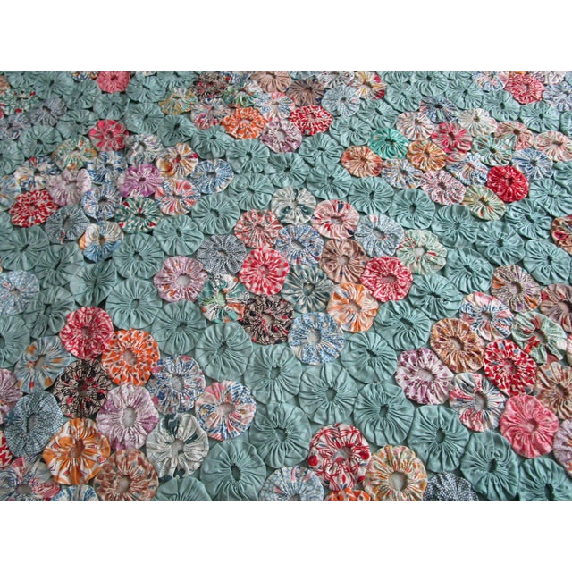 1930s Jadeite Feedsack Yo Yo Quilt Trellis Pattern Floral Diamond Edges Queen Handmade 1930's For Sale - Image 5 of 17