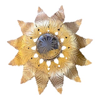 1940s French Gilt Metal Sunburst Flush Mount Light Fixture For Sale