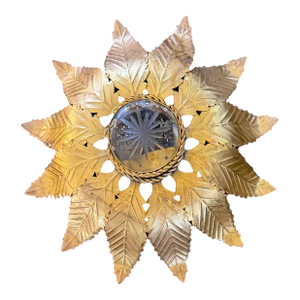 1940s French Gilt Metal Sunburst Flush Mount Light Fixture