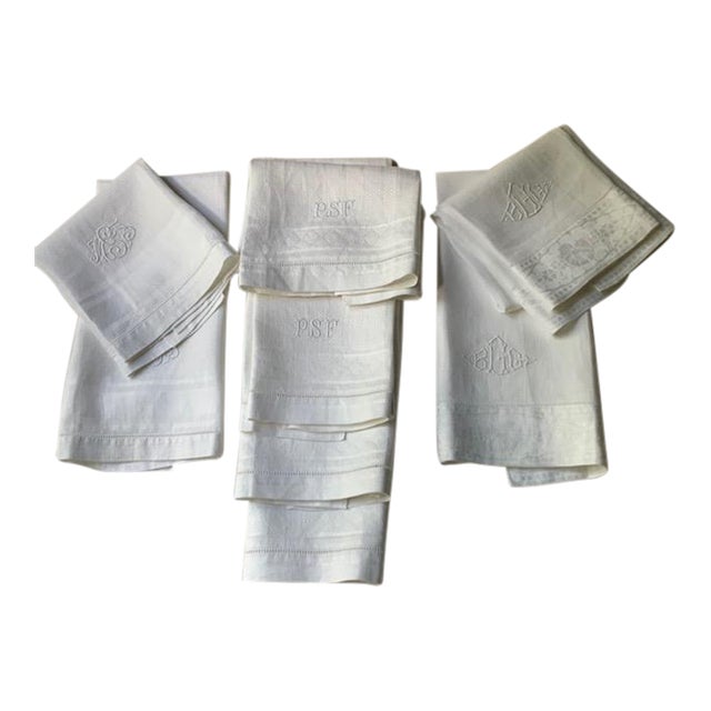 French Monogrammed Linen Shaving Hand Towels, PSF & BHG Monograms, Set of 8 | C. 1900 For Sale