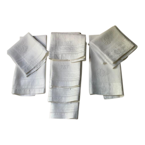 French Monogrammed Linen Shaving Hand Towels, PSF & BHG Monograms, Set of 8 | C. 1900