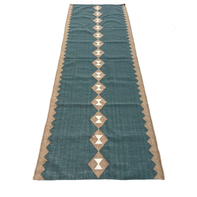 Mid-Century Modern Handmade New Zealand Wool Dhurrie Runner, Turquoise Blue, Cream and Beige Diamond Runner Rug - 3'x10' For Sale - Image 3 of 14