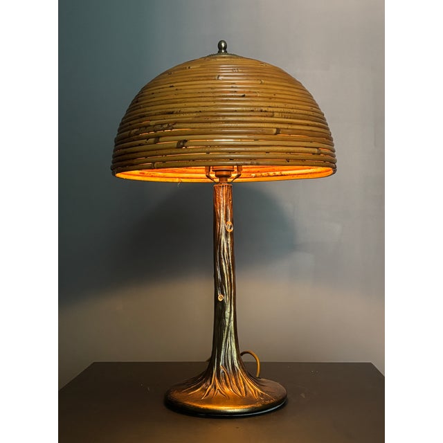 Mid-Century Pencil Reed Rattan Bamboo and Brass Table Lamp, 1970s, in Very Good conditions. Designed 1970 to 1979 This...