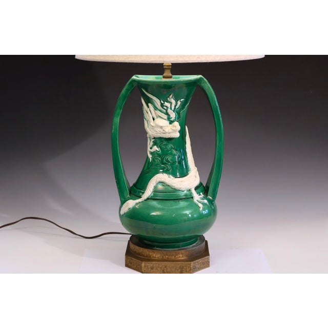 Antique Awaji Pottery Dragon Arts and Crafts Green Lamp For Sale In New York - Image 6 of 9