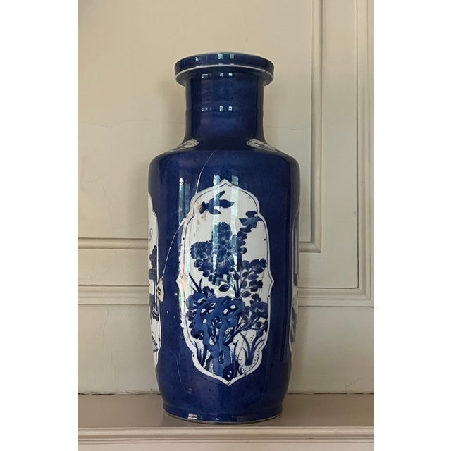 Antique Early 18th Century Chinese Powder Blue Kangxi Period Porcelain Rouleau Vase Circa 1700 For Sale - Image 16 of 18