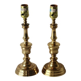 Vintage English Style Brass Beehive Push-Up Candlesticks Table Lamps-a Pair For Sale
