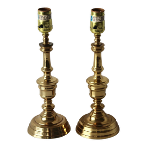 Vintage English Style Brass Beehive Push-Up Candlesticks Table Lamps-a Pair