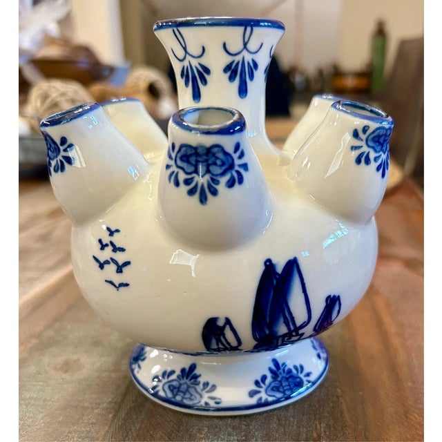 Delft Vintage Delft Style 7 Finger Hand Painted Dutch Motif Tulip Vase For Sale - Image 4 of 5