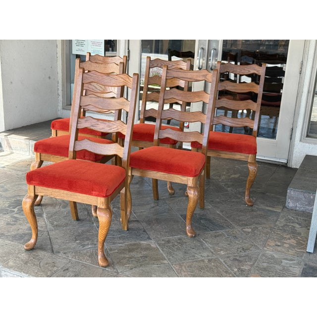 Queen Anne Ladder-Back Oak Wood Dining Chairs, Set of Six For Sale - Image 3 of 11