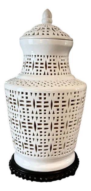 Vintage Chinoiserie White Pierced / Reticulated Blanc De Chine Ginger Jar Vase Table / Accent Lamp