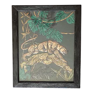 Vintage Original Mid 20th Century Art Moderne Hammered Copper Mixed Media Jaguar Wall Art