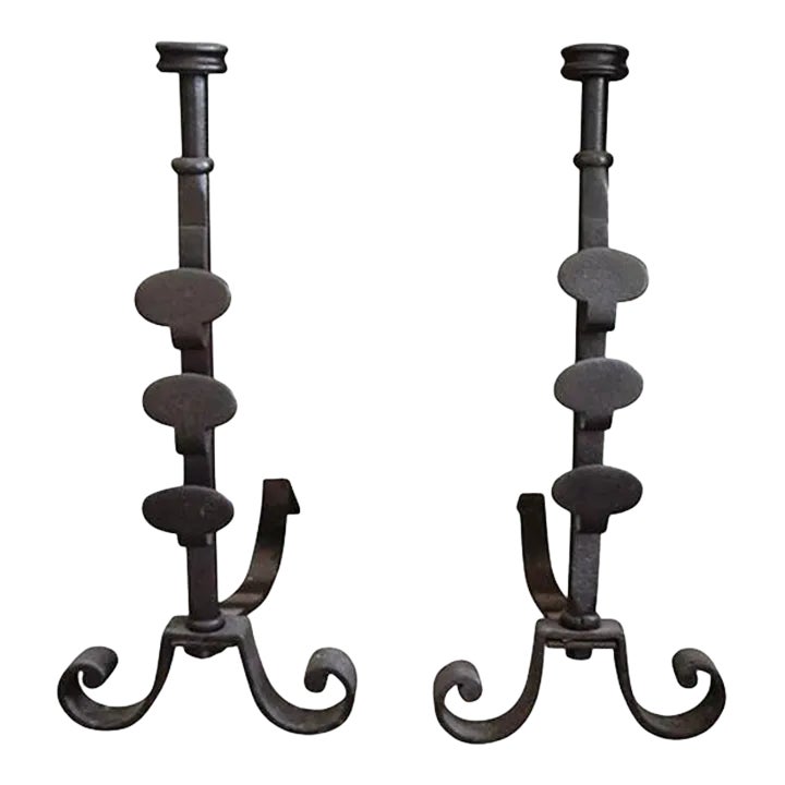 Pair of Wrought Iron English Andirons, 19th Century Chairish