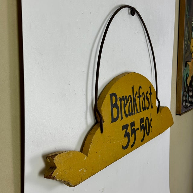 American A Whimsical Vintage Wood Sign Advertising "Breakfast 35-50c" With Arching Metal Hook, Double Sided For Sale - Image 3 of 9