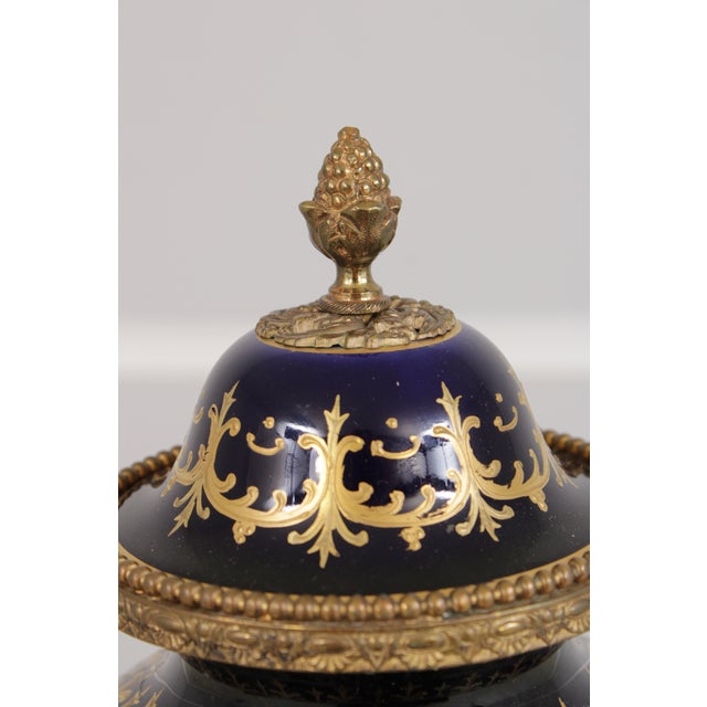 Pair of 1950s Sevres Cobalt Blue Porcelain Painted Urns W. Lids For Sale - Image 18 of 18
