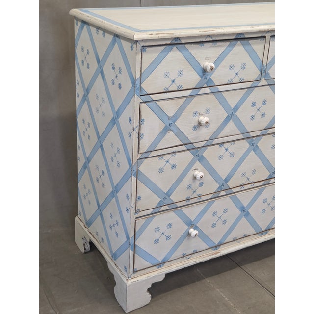 Vintage Rustic English Pine Five Drawer Dresser With Distress Painted and Stenciled Surface For Sale - Image 4 of 15