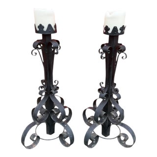 Antique 40" Hand-Forged Iron Candle Stands – Pair For Sale