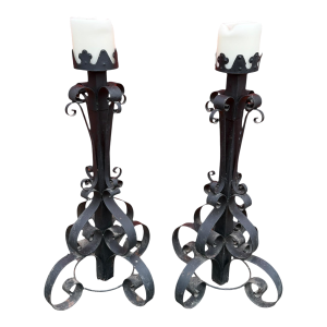 Antique 40" Hand-Forged Iron Candle Stands – Pair