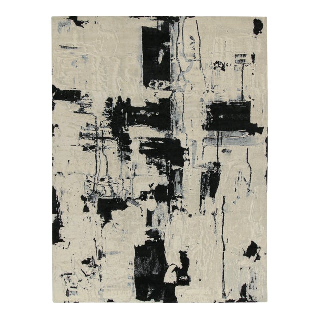 Rug & Kilim’s Abstract Rug in Ivory With Black and Ice Blue Patterns For Sale