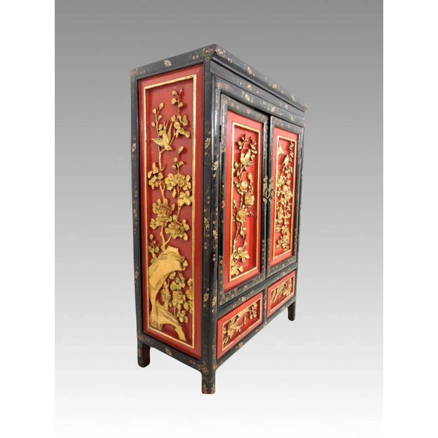 Fine Chinese Black, Red and Gold Hand Carved Cherry Blossom Multi Panel Wood Cabinet or Cupboard For Sale - Image 4 of 12