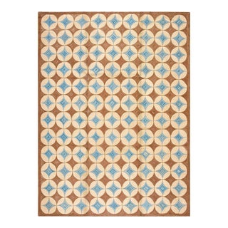 2000s Brown Geometric Modern Contemporary Hooked Rug 8' X 10' Handmade Cotton Carpet For Sale