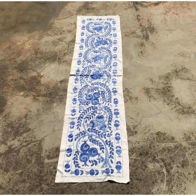 Blue Art Deco Suzani Handmade Blue Crochet Table Runner For Sale - Image 8 of 9