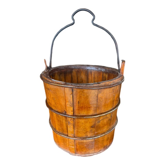 Antique Primitive Wooden Bucket With Wrought Iron Bands | Chairish