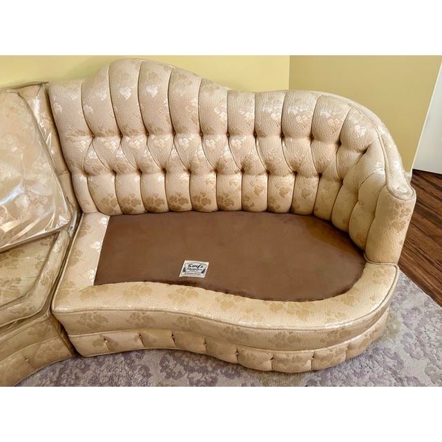 Cream VTG 1960’s, (3) Piece, Curvy, Custom-Designed Sectional, by Soref’s, With a Tufted Creamy-Golden Upholstery, Sculpted Back, Original Vinyl Protectors For Sale - Image 8 of 12