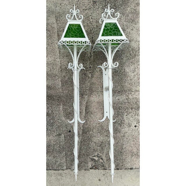 Vintage Regency 1950s Wrought Iron Light Sconces - A Pair For Sale - Image 10 of 12
